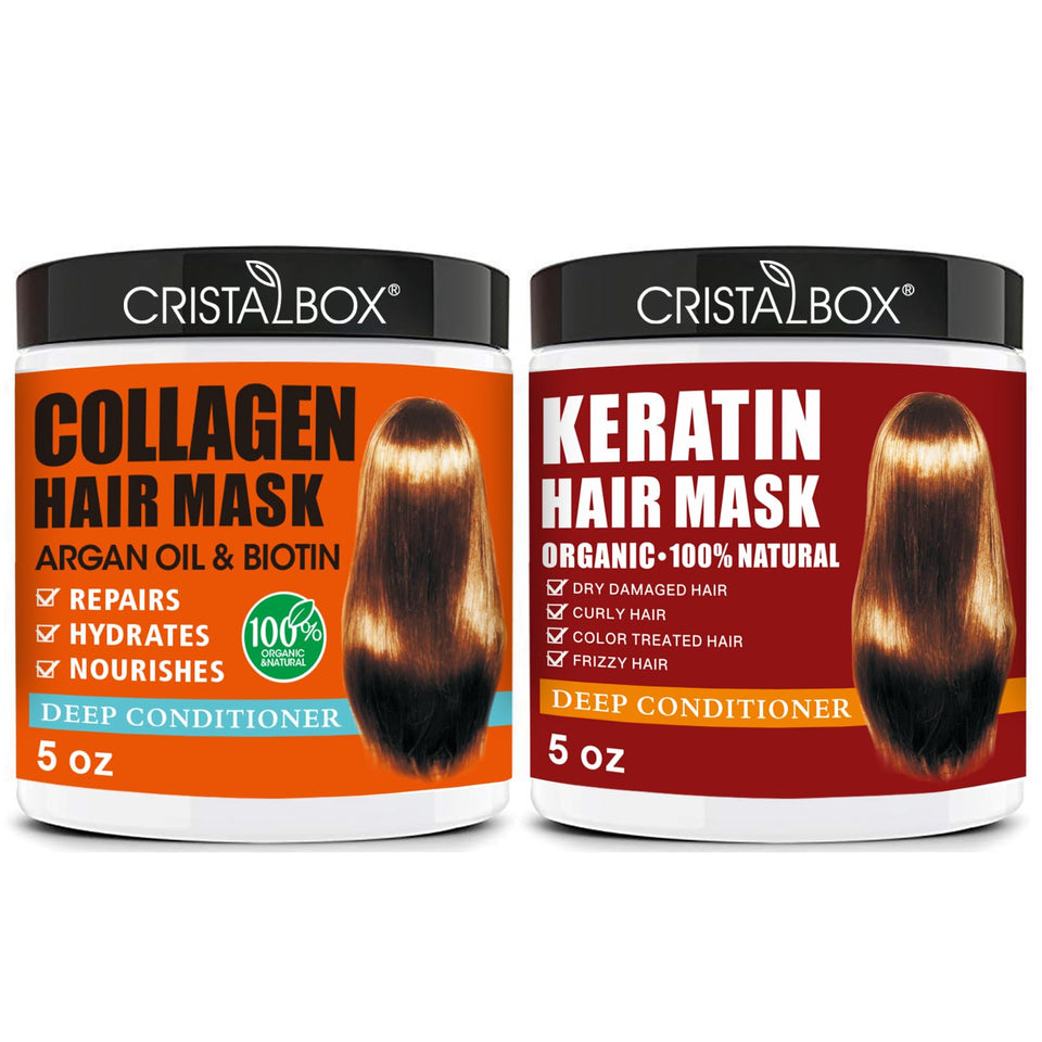 CRISTALBOX front packaging showing both keratin and collagen masks, professional repair