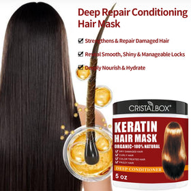 CRISTALBOX keratin mask jar close-up highlighting creamy texture and restoration benefit