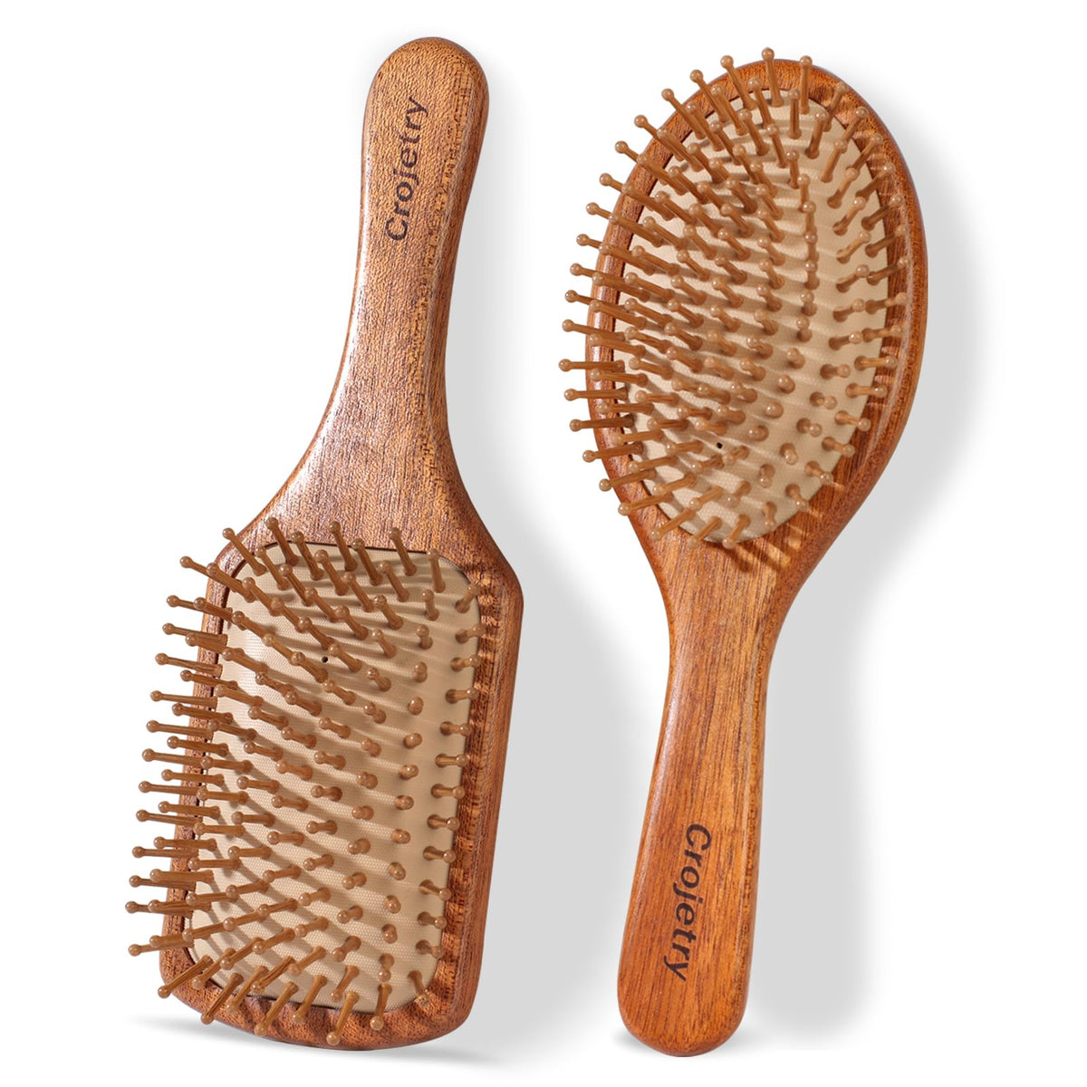 Crojetry oval brush front showing smooth wooden finish and benefit: gentle detangling