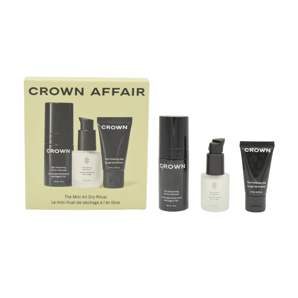 CROWN AFFAIR front packaging trio showing travel-size bottles and elegant branding for easy styling