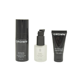 CROWN AFFAIR set in travel bag lifestyle shot illustrating compact convenience and on-the-go frizz control