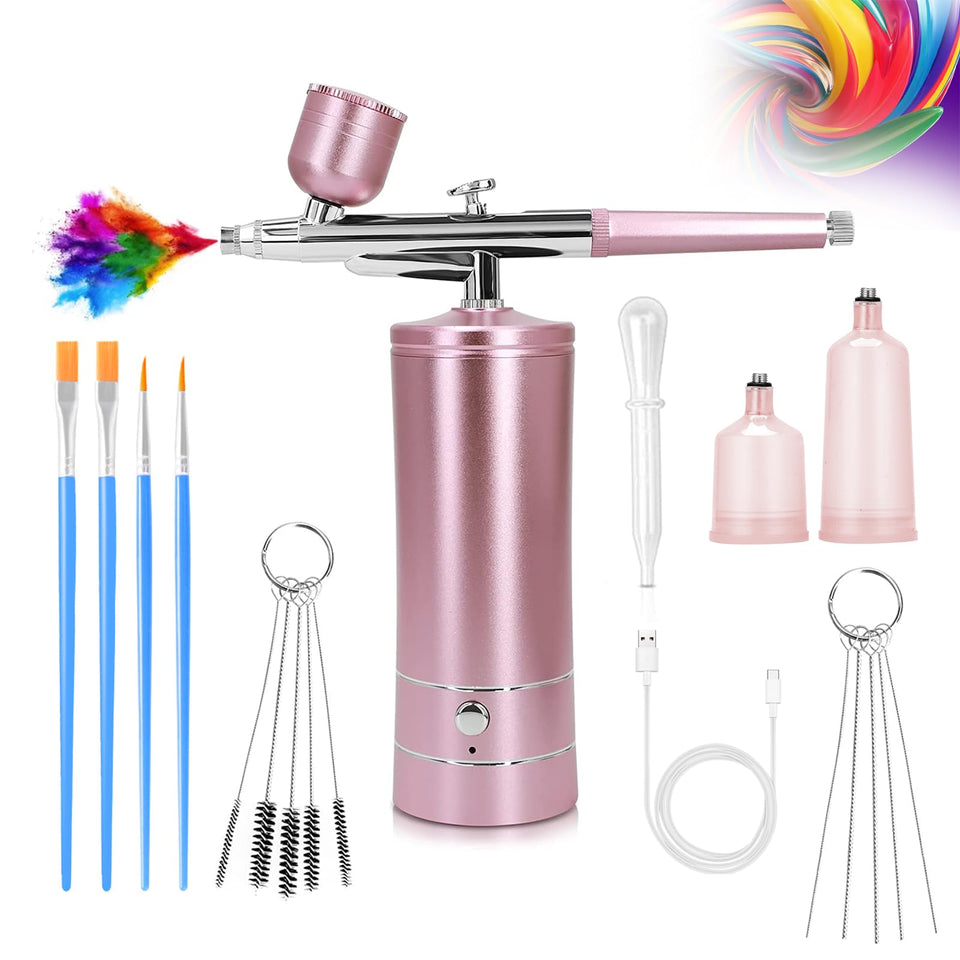 crpen front view of pink airbrush kit showing compact compressor and gun for portability