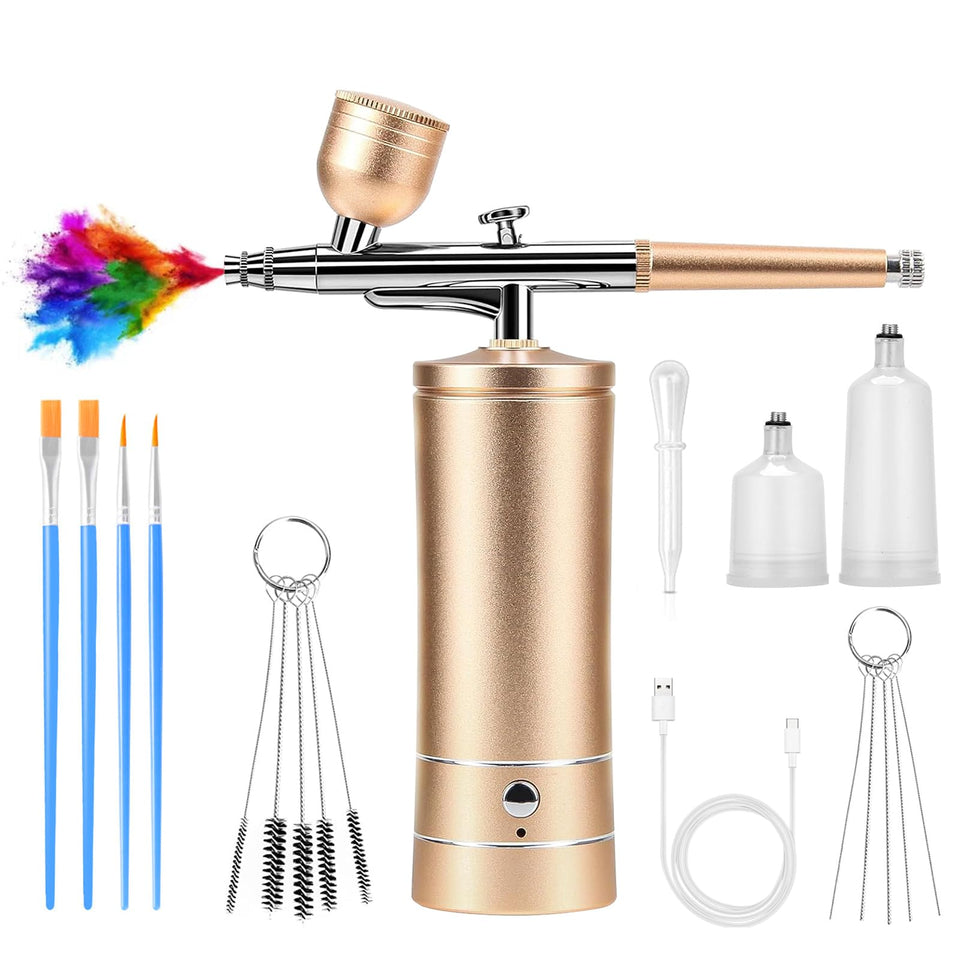 crpen front view of golden airbrush kit showing compact compressor benefit