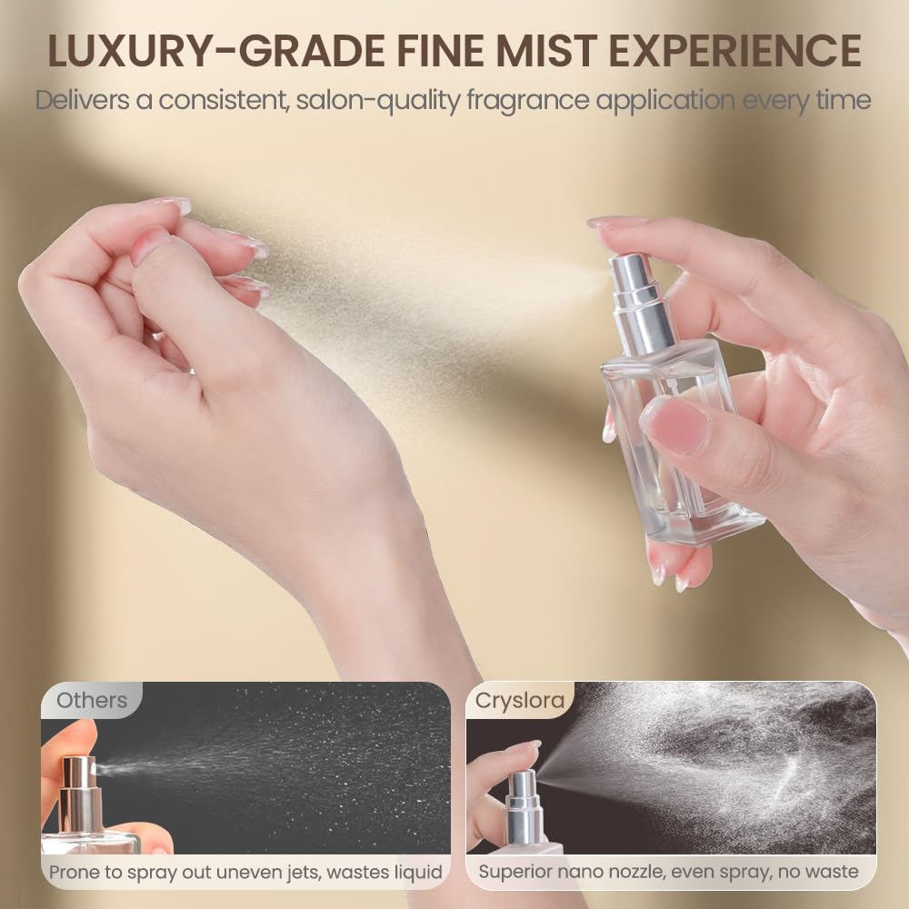 Cryslora bottle with filling accessory demonstrating easy refill and benefit of mess-free transfer