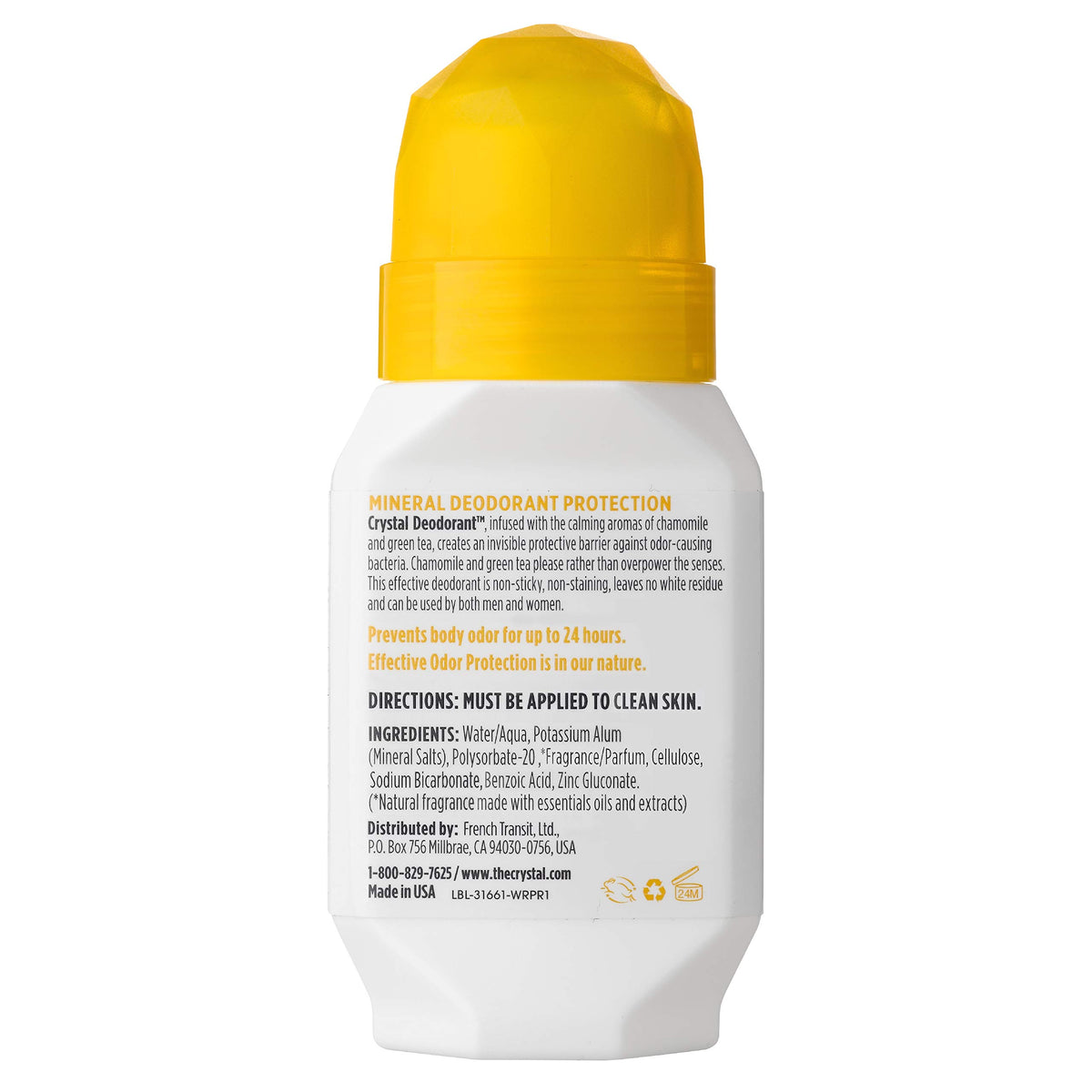 Crystal Essence applicator close-up highlighting smooth roll-on ball and even application