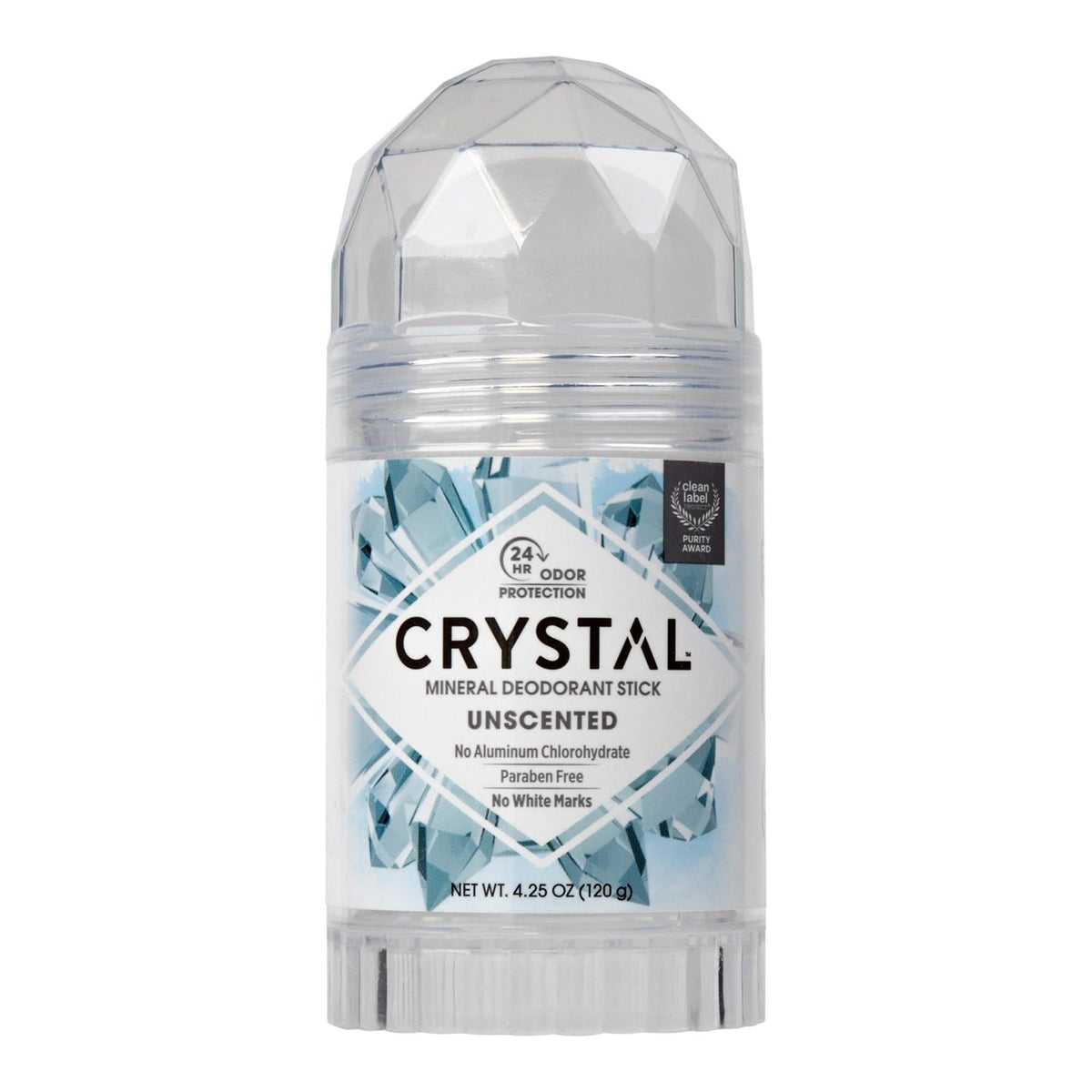 Crystal Essence front packaging showing unscented mineral deodorant, clear protection