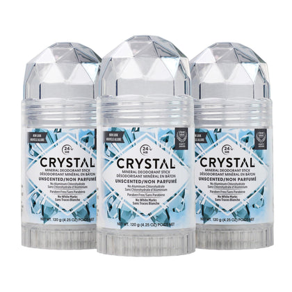 Crystal Essence front packaging showing three unscented sticks benefit simple odor control