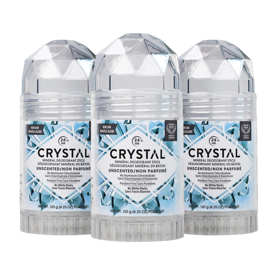 Crystal Essence front packaging showing three unscented sticks benefit simple odor control