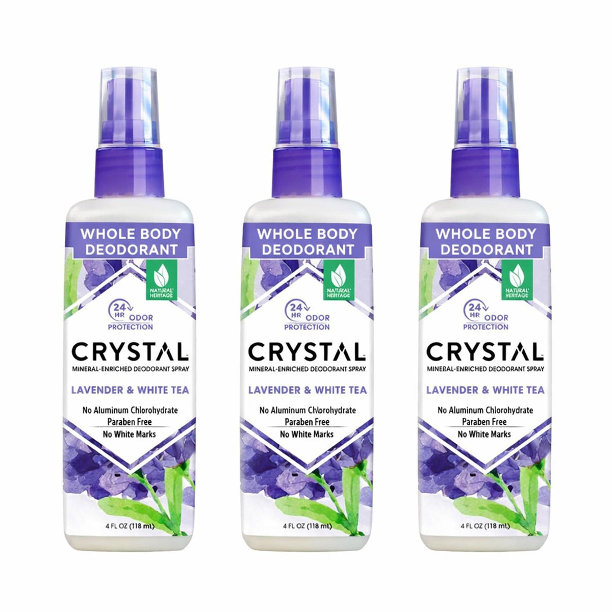 Crystal Essence front packaging showing lavender and white tea scent benefit