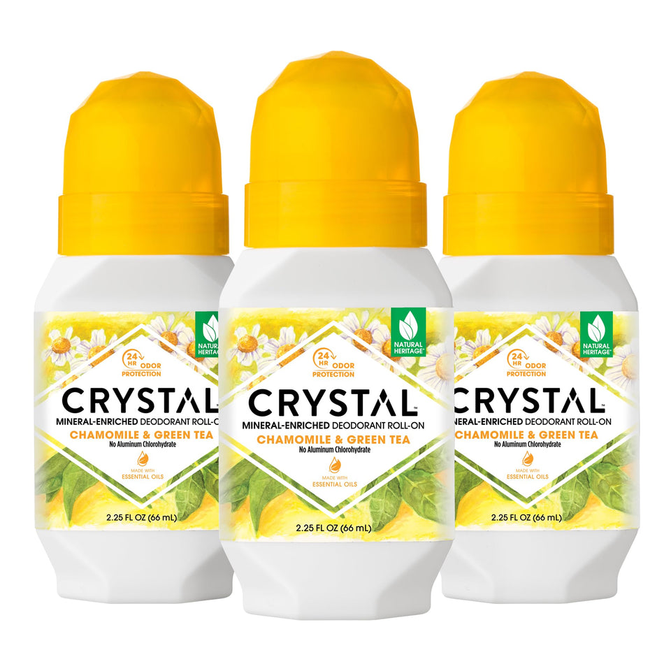 Crystal Essence front packaging showing three roll-on bottles, travel-friendly protection