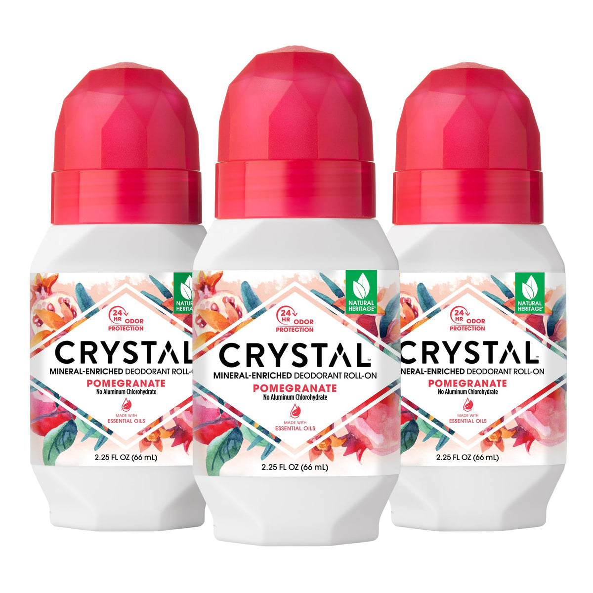 Crystal Essence front packaging showing pomegranate scent and 3-pack benefit