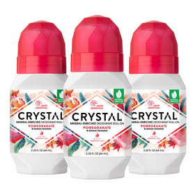 Crystal Essence front packaging showing pomegranate scent and 3-pack benefit