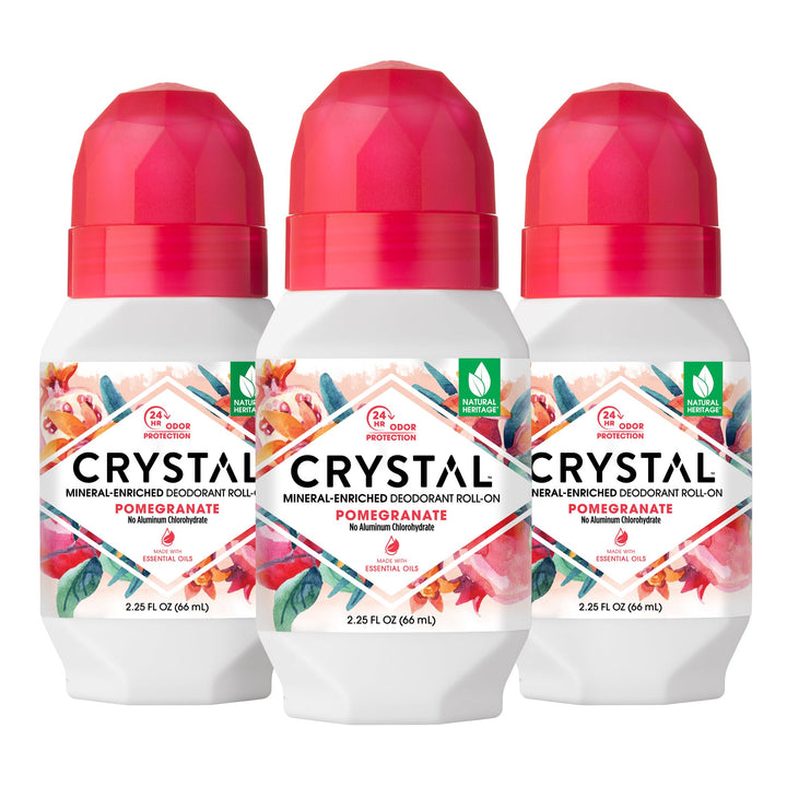 Crystal Essence front packaging showing pomegranate scent and 3-pack benefit