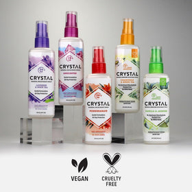 Crystal Essence bottle on bathroom shelf suggesting daily routine convenience benefit