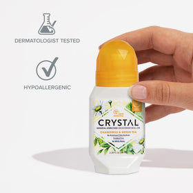 Crystal Essence label close-up showing key ingredients and aluminum-free benefit