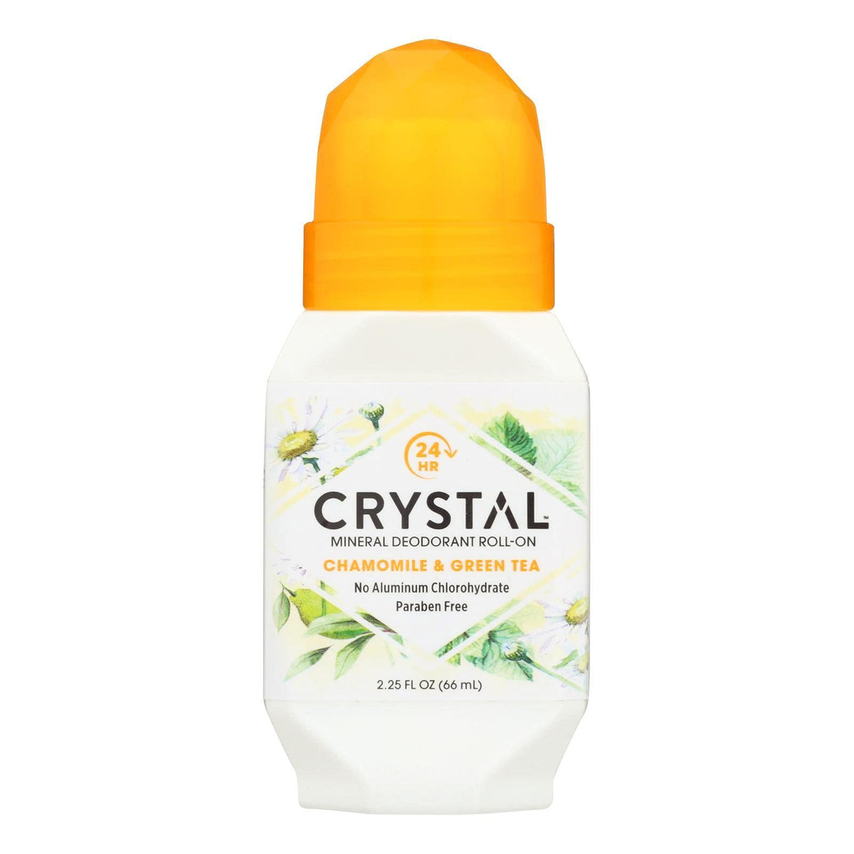 Crystal Essence roll-on front packaging shows chamomile green tea scent and benefits