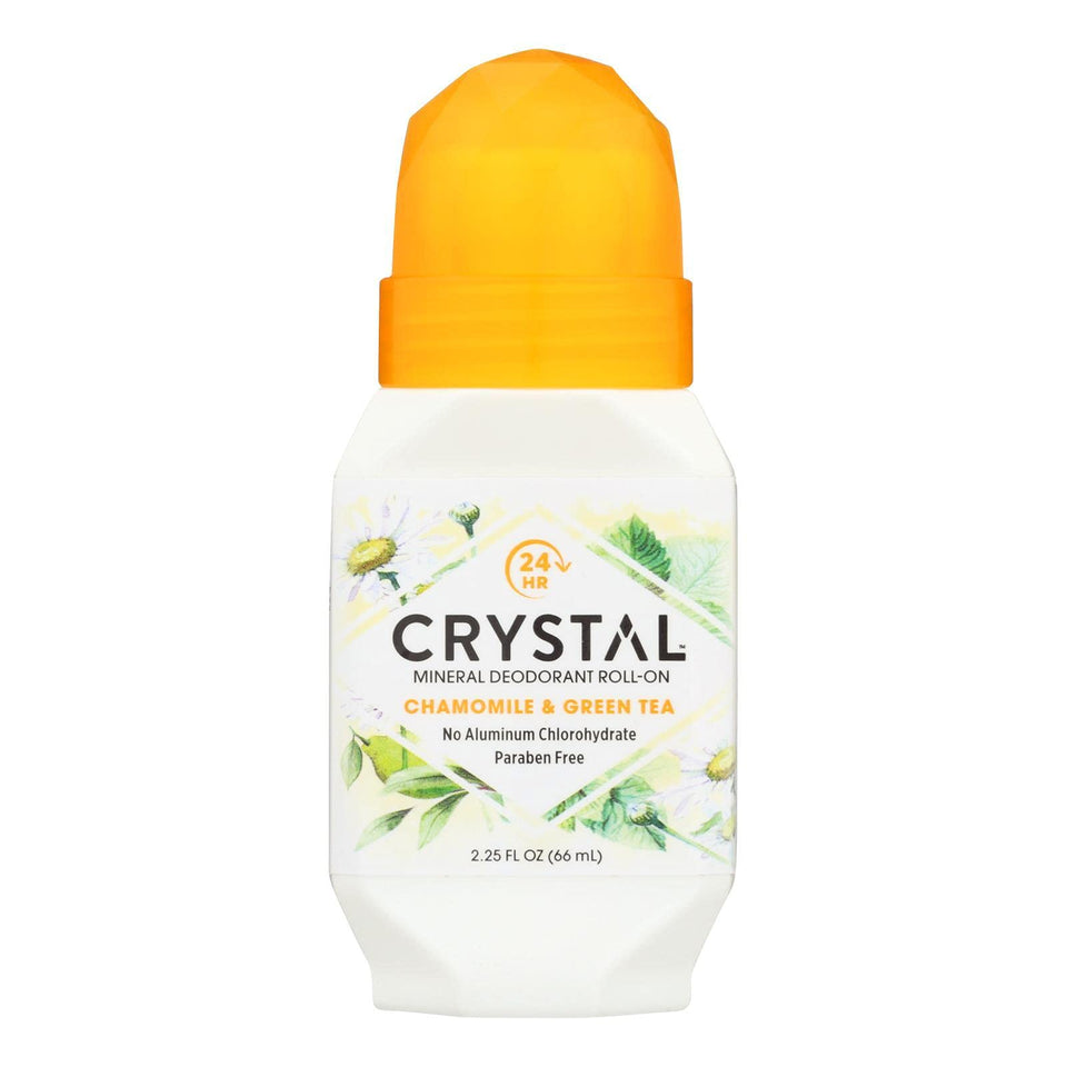 Crystal Essence roll-on front packaging shows chamomile green tea scent and benefits