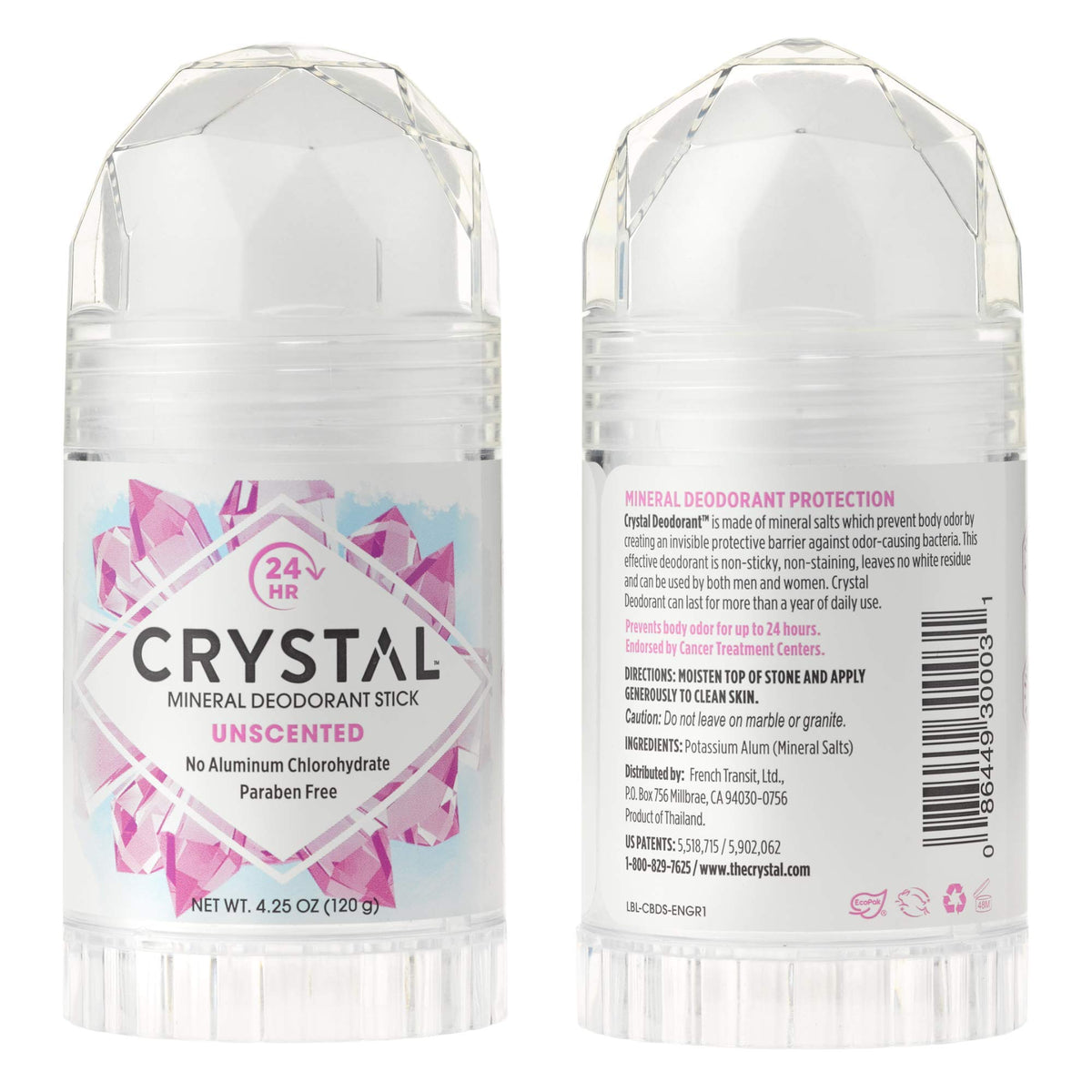 Crystal Essence front packaging showing stick and 2-pack benefit