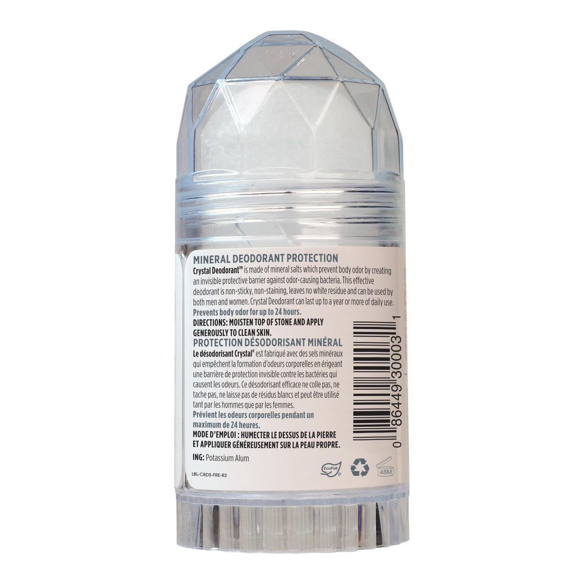 Crystal Essence stick open with visible solid mineral surface for smooth application