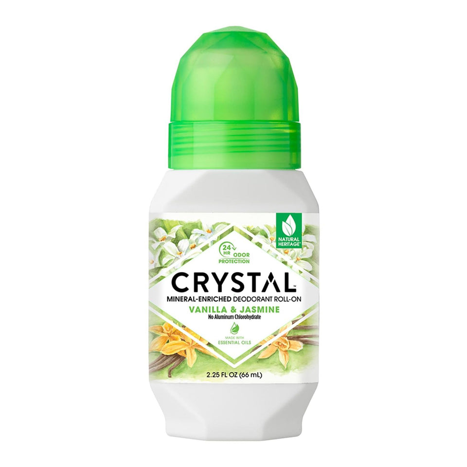Crystal Essence front bottle showing Vanilla Jasmine scent and size benefit