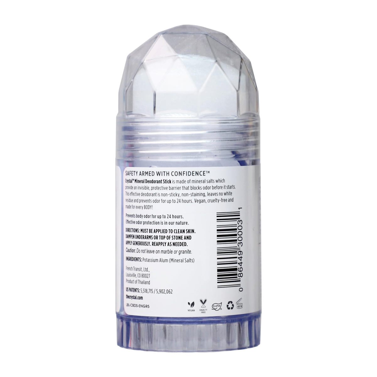 Crystal Essence ingredient label highlighting clean, aluminum-free composition