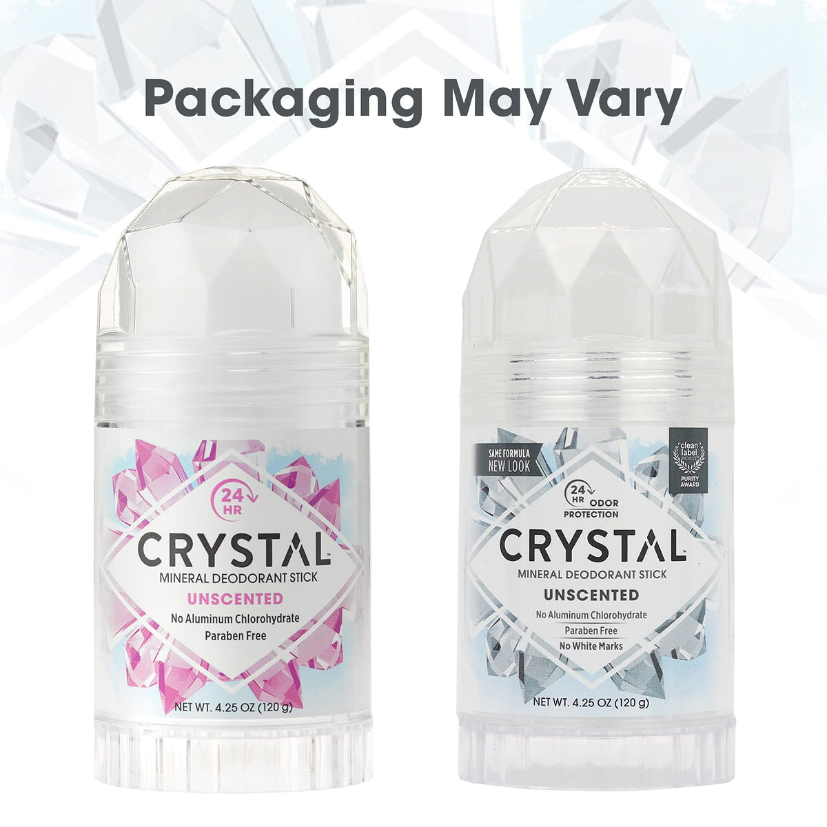 Crystal Essence ingredients label close-up highlighting aluminum-free formula