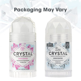 Crystal Essence ingredients label close-up highlighting aluminum-free formula