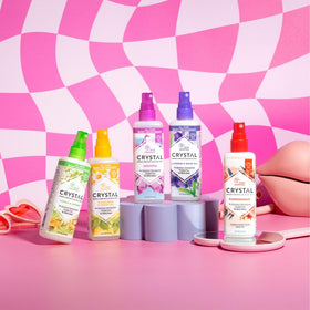 Crystal Essence on bathroom shelf suggesting daily use and fresh scent