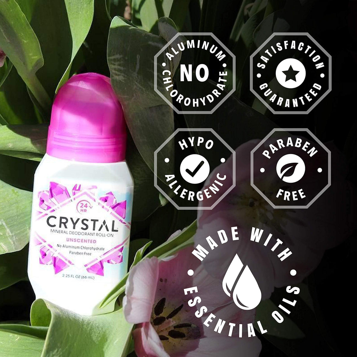CRYSTAL size comparison with hand showing travel-friendly 2.25 fl oz