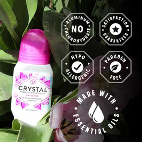 CRYSTAL size comparison with hand showing travel-friendly 2.25 fl oz