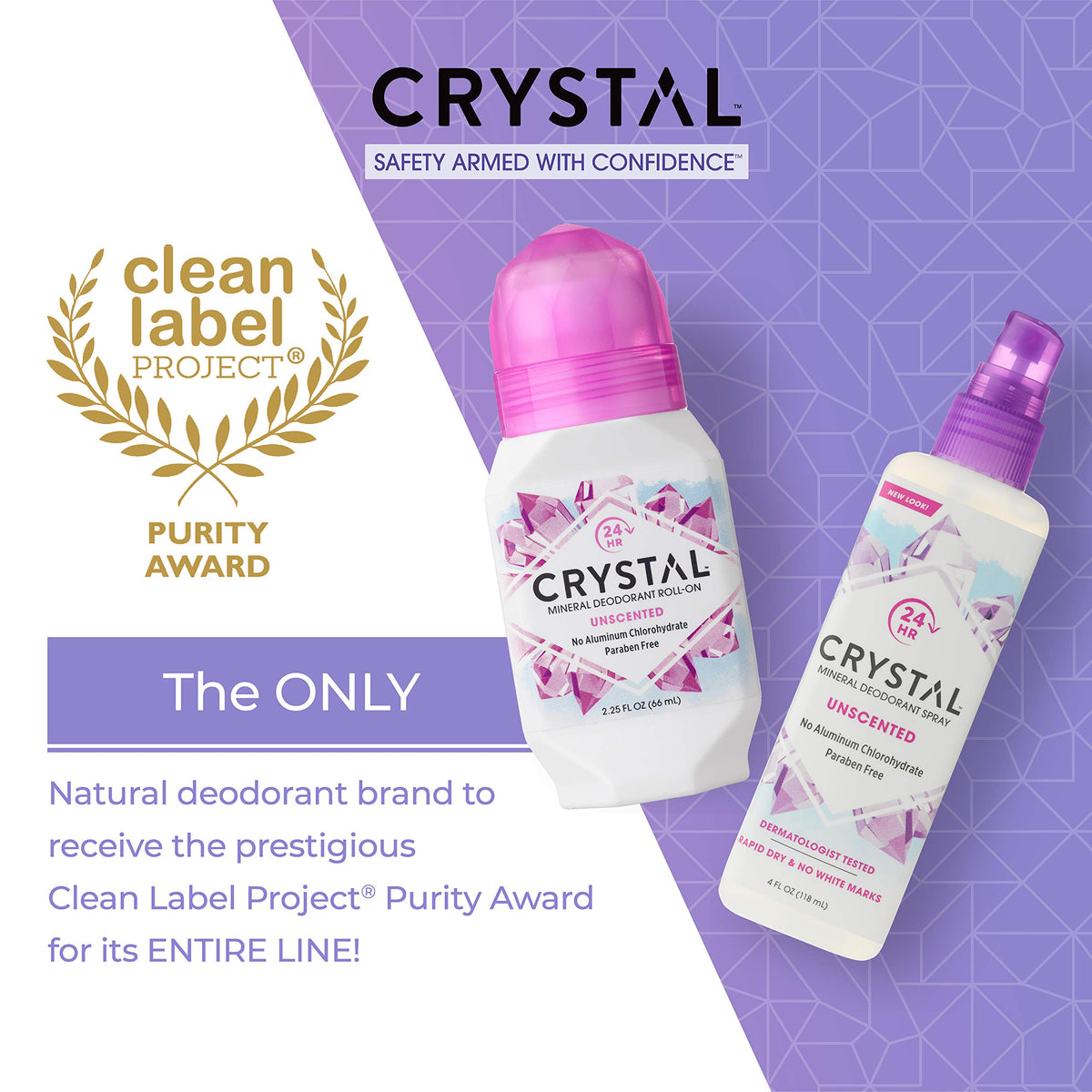 CRYSTAL unscented label emphasizing fragrance-free, gentle protection