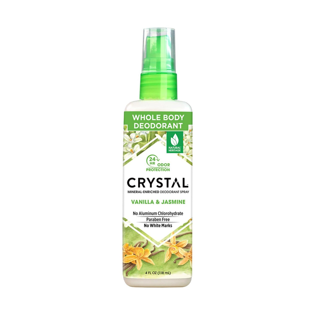 Crystal Essence front packaging showing vanilla jasmine scent and 4.0 oz size benefit: clear information