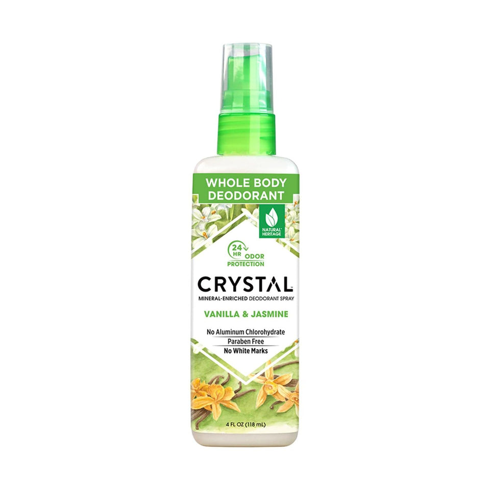 Crystal Essence front packaging showing vanilla jasmine scent and 4.0 oz size benefit: clear information