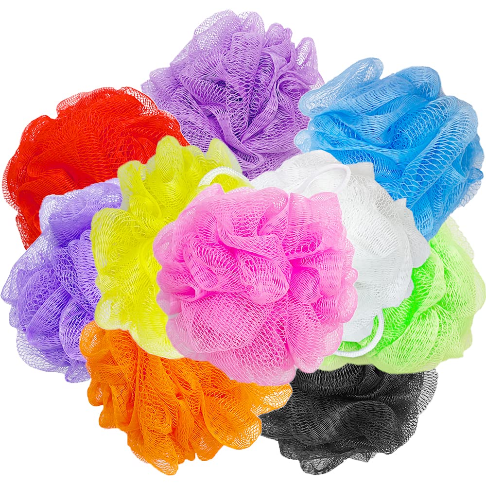 Cshangzei front view of colorful 10-piece bath pouf pack showing variety and value