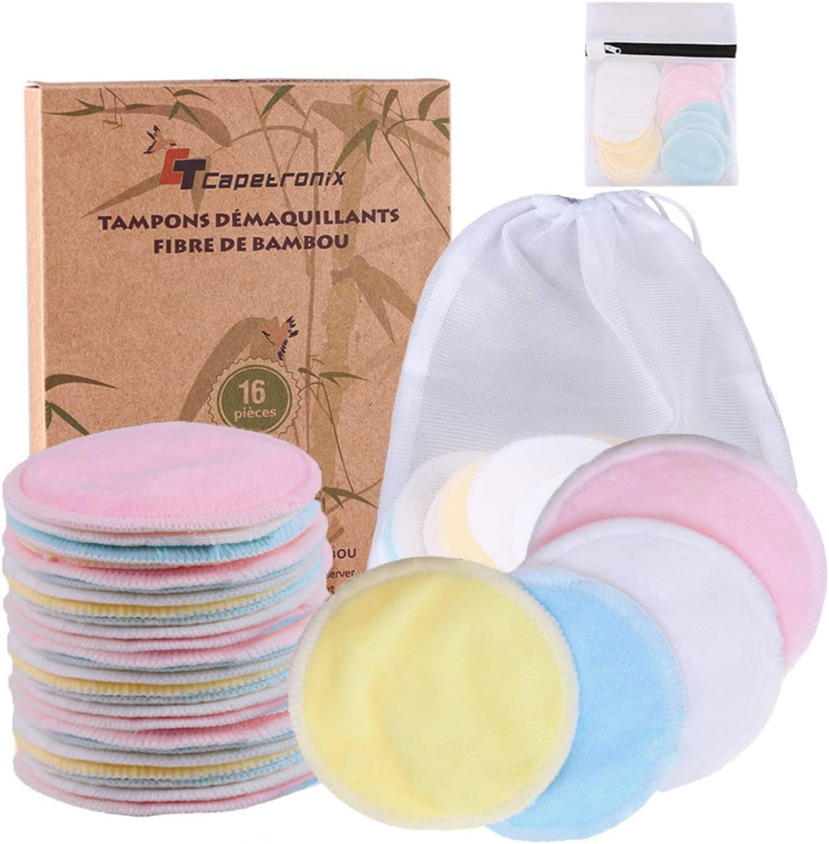 CT CAPETRONIX front packaging showing 16 reusable pads and two bags, convenient storage