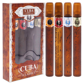 Cuba set in box displaying all four eau de toilette bottles, Cuba brand benefit: organized ensemble