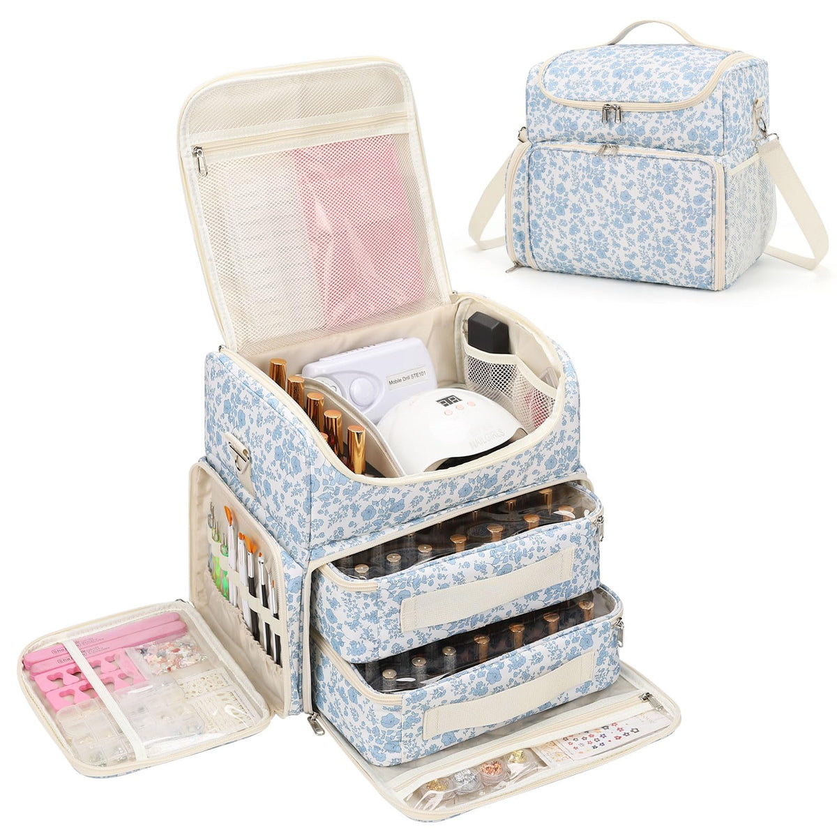 CUBETASTIC front view of blue floral bag showing organized storage and easy transport