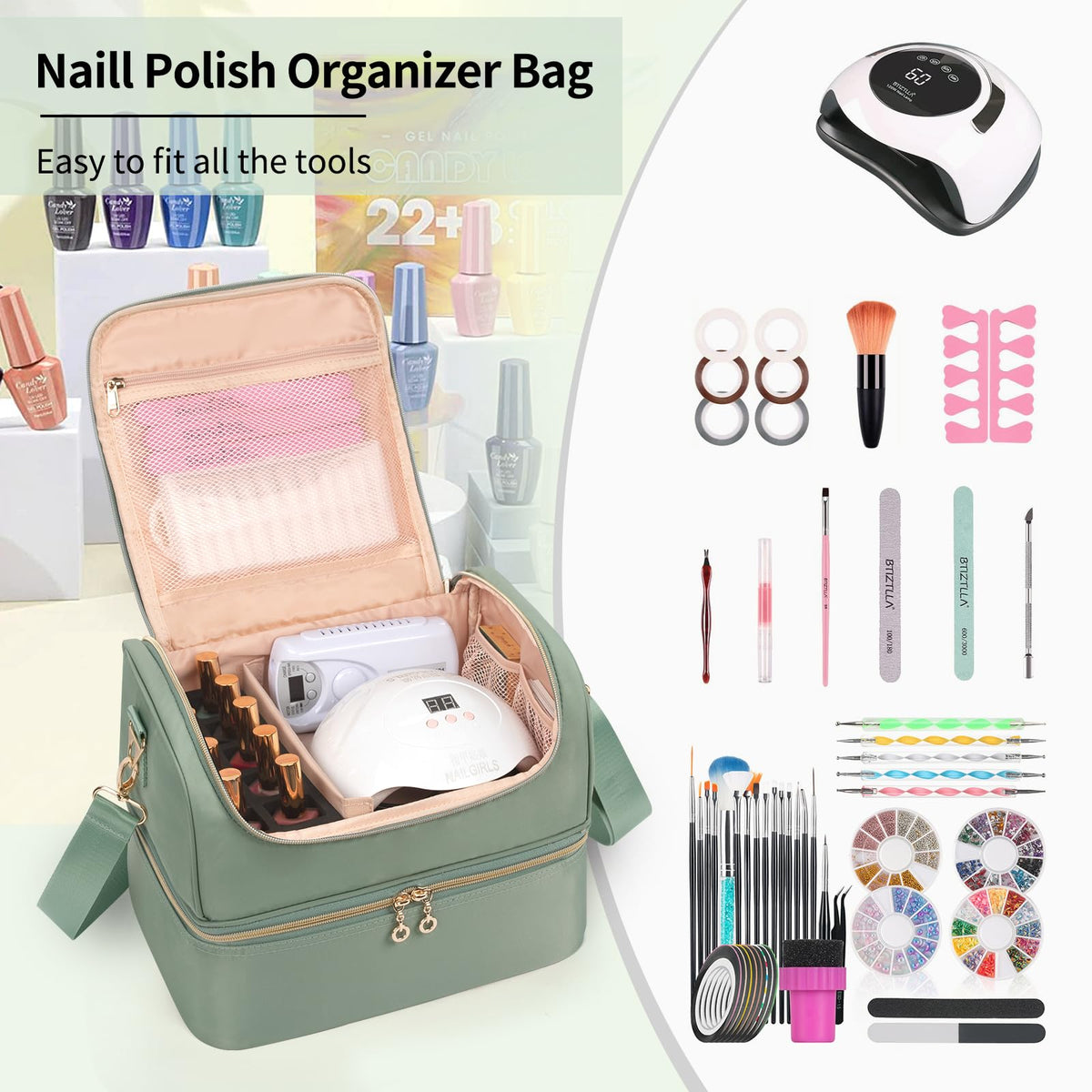 CUBETASTIC elastic pockets holding manicure tools neatly and accessibly