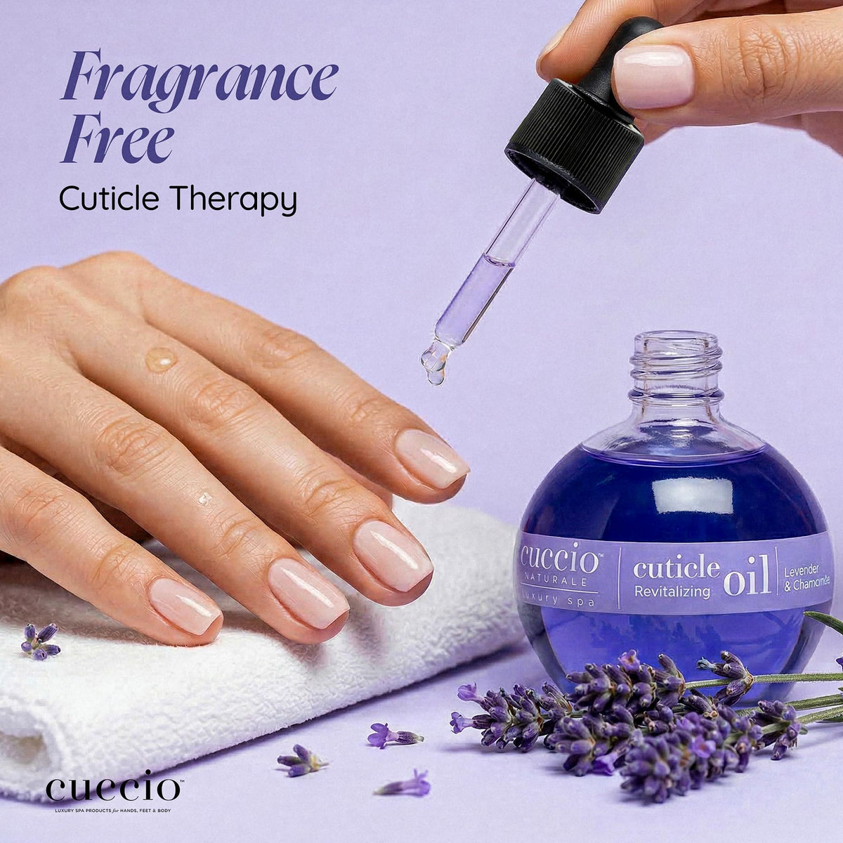 Cuccio close-up of oil dropper and texture, demonstrates fast absorption benefit
