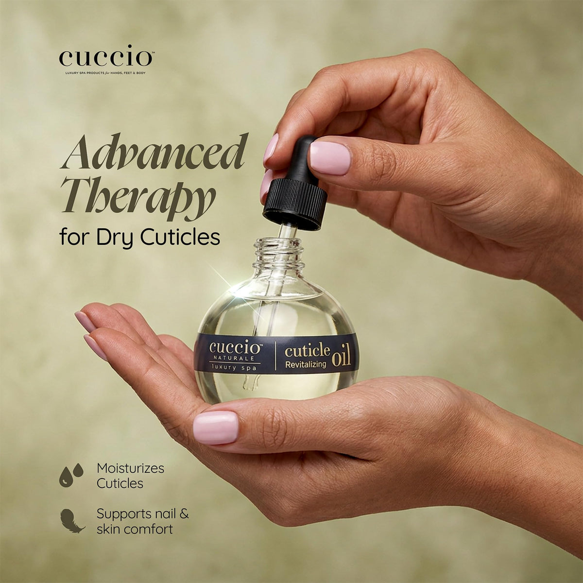 Cuccio close-up oil drop texture highlighting fast-absorbing, non-greasy finish
