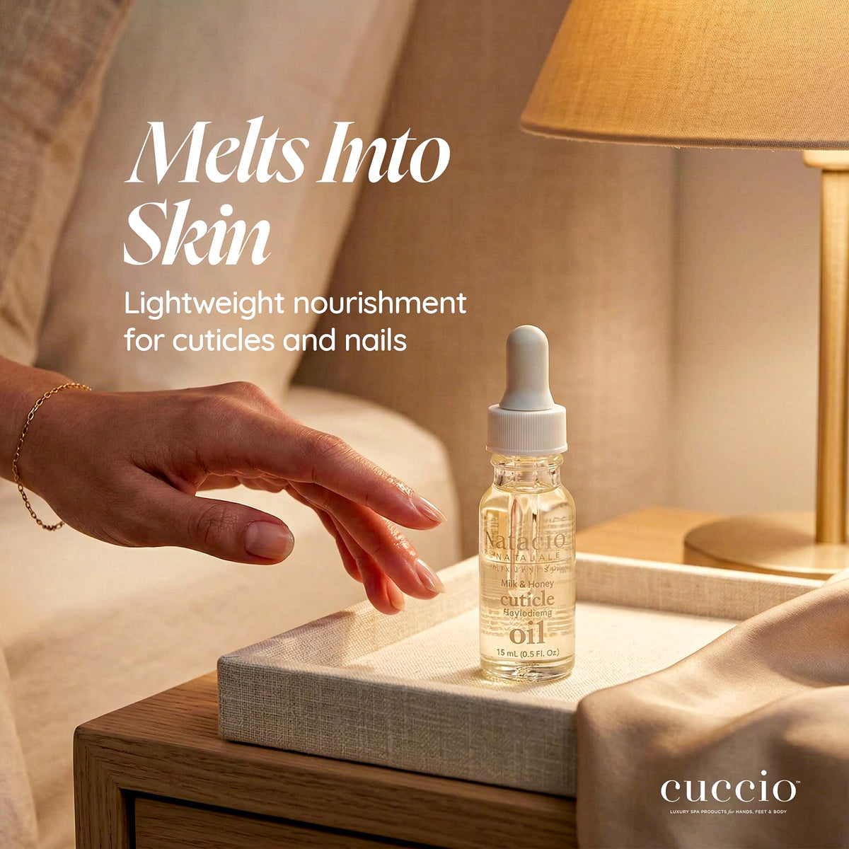 Cuccio close-up of oil texture showing lightweight sheen and quick absorption benefit