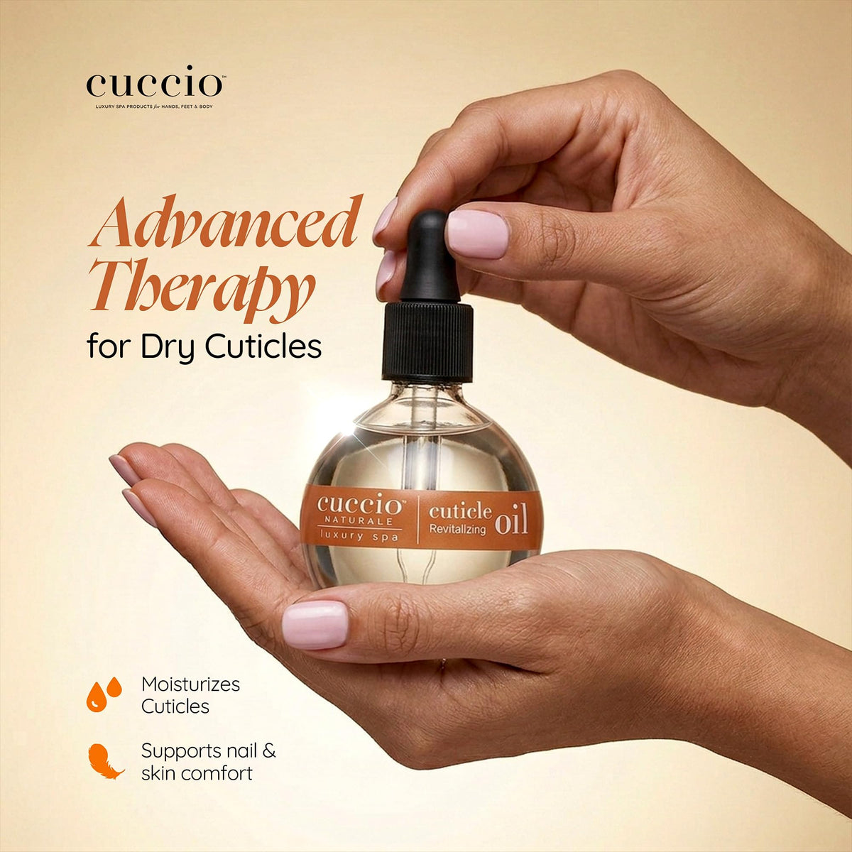 Cuccio applicator close-up displaying dropper tip for precise, mess-free application