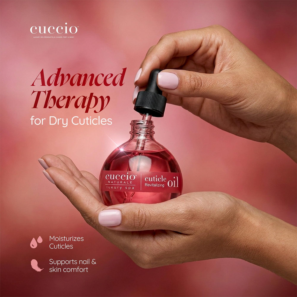 Cuccio applying oil to cuticle with dropper for fast absorption benefit