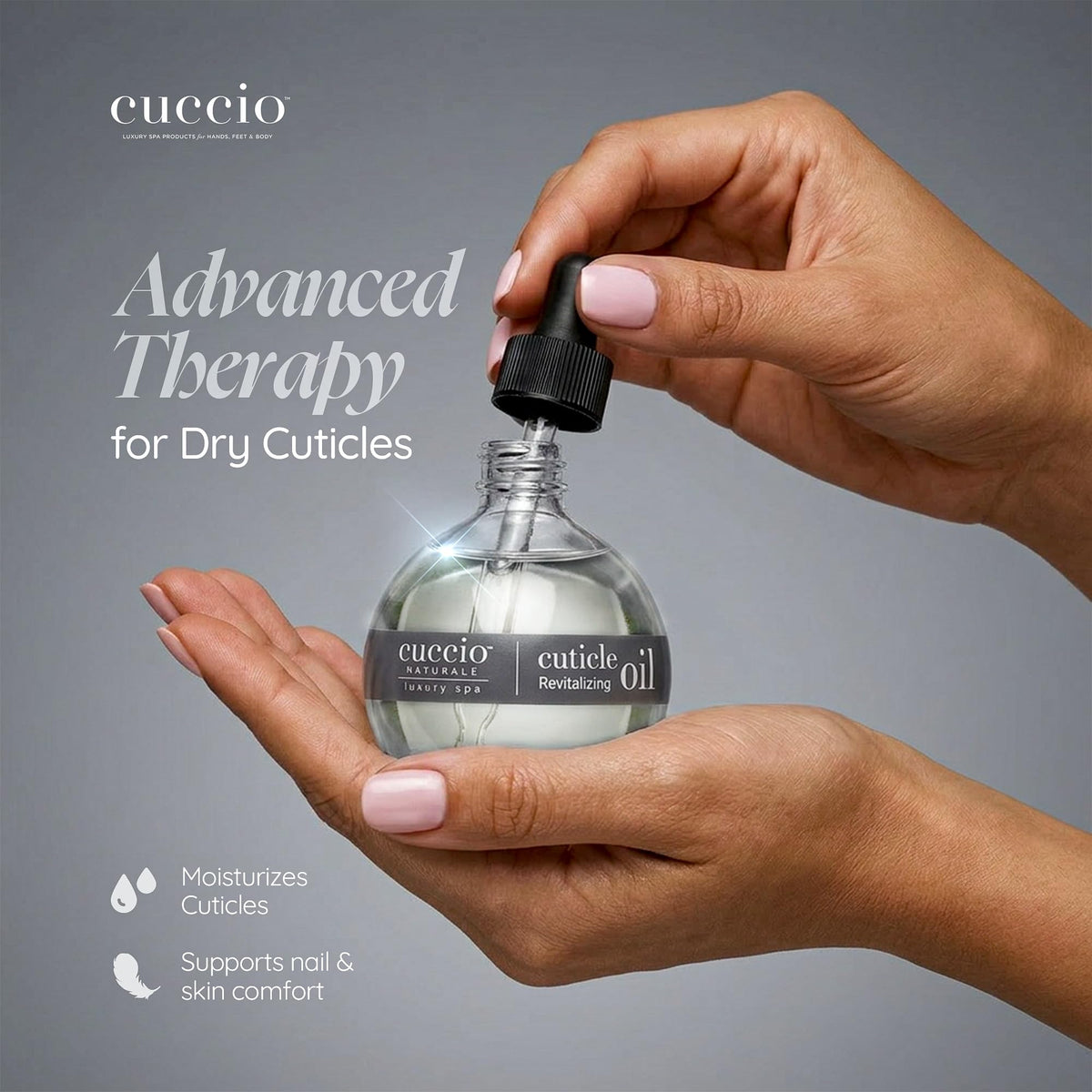 Cuccio dispensing a drop of oil to enable precise one-drop application