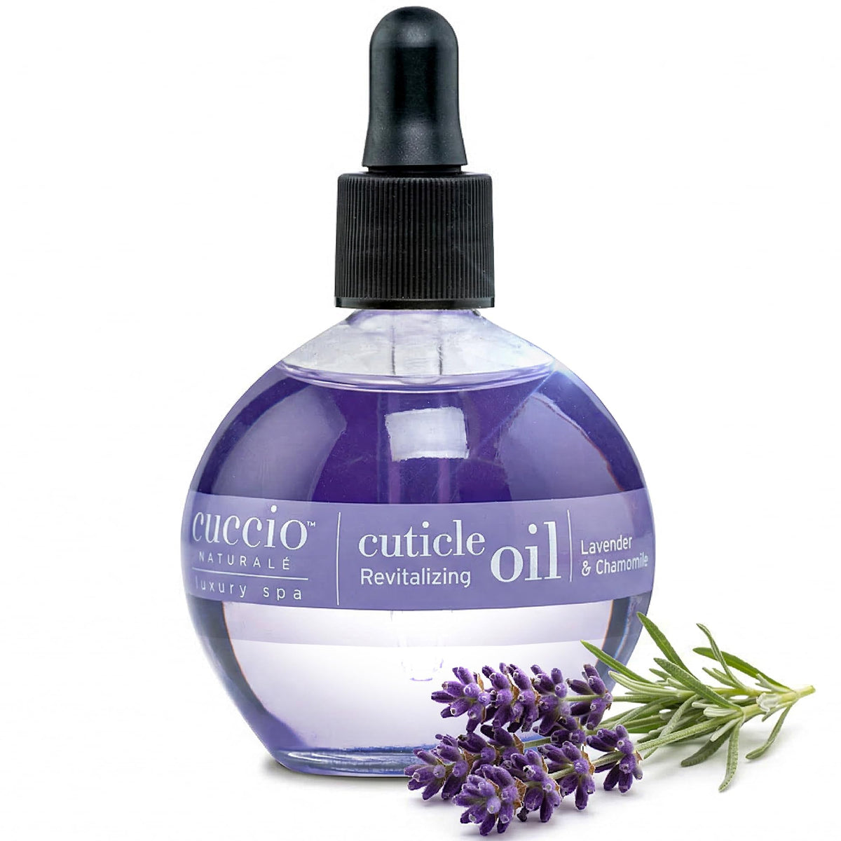 Cuccio front bottle showing lavender chamomile label and elegant design, promotes hydration