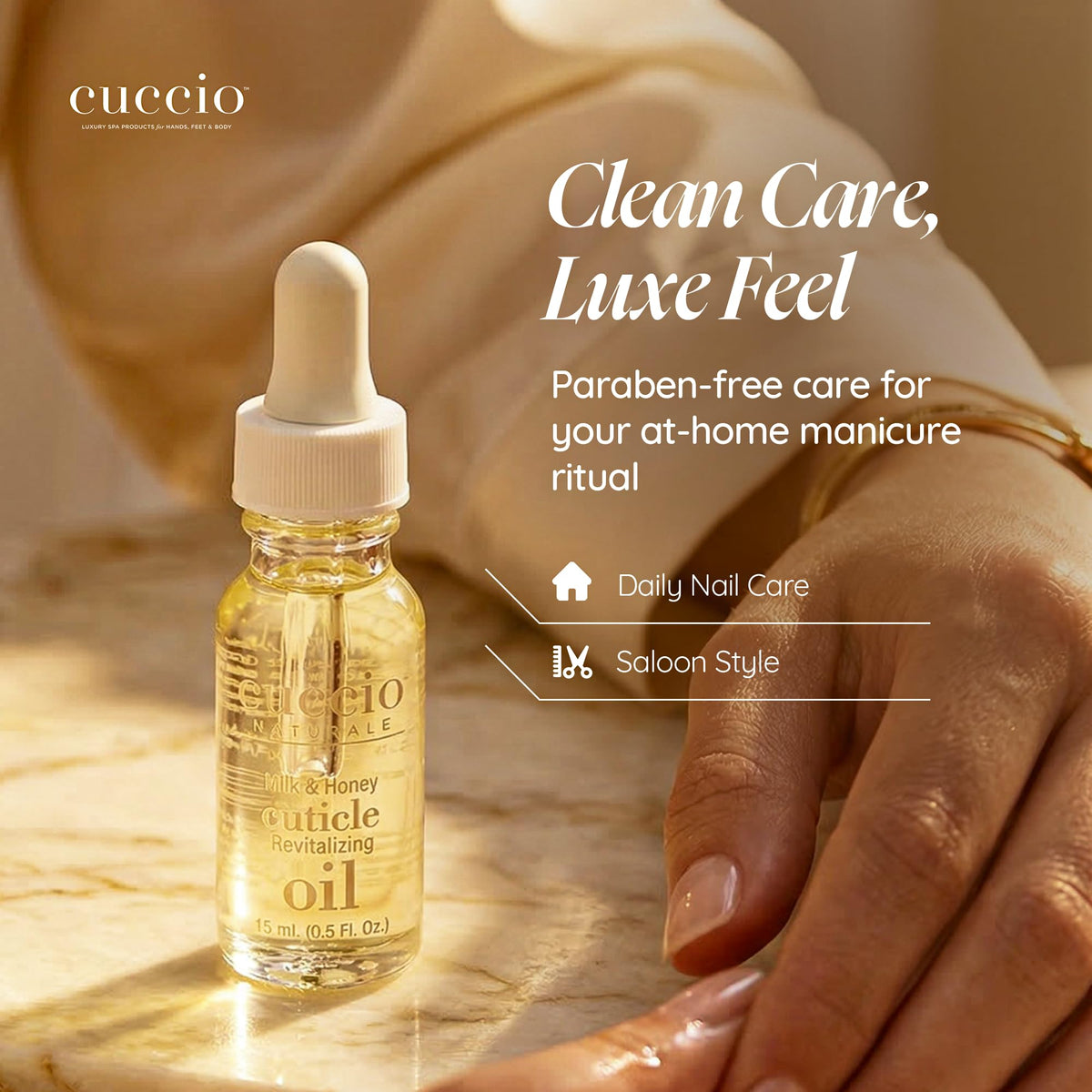 Cuccio being massaged into cuticles illustrating hydration and softening benefit