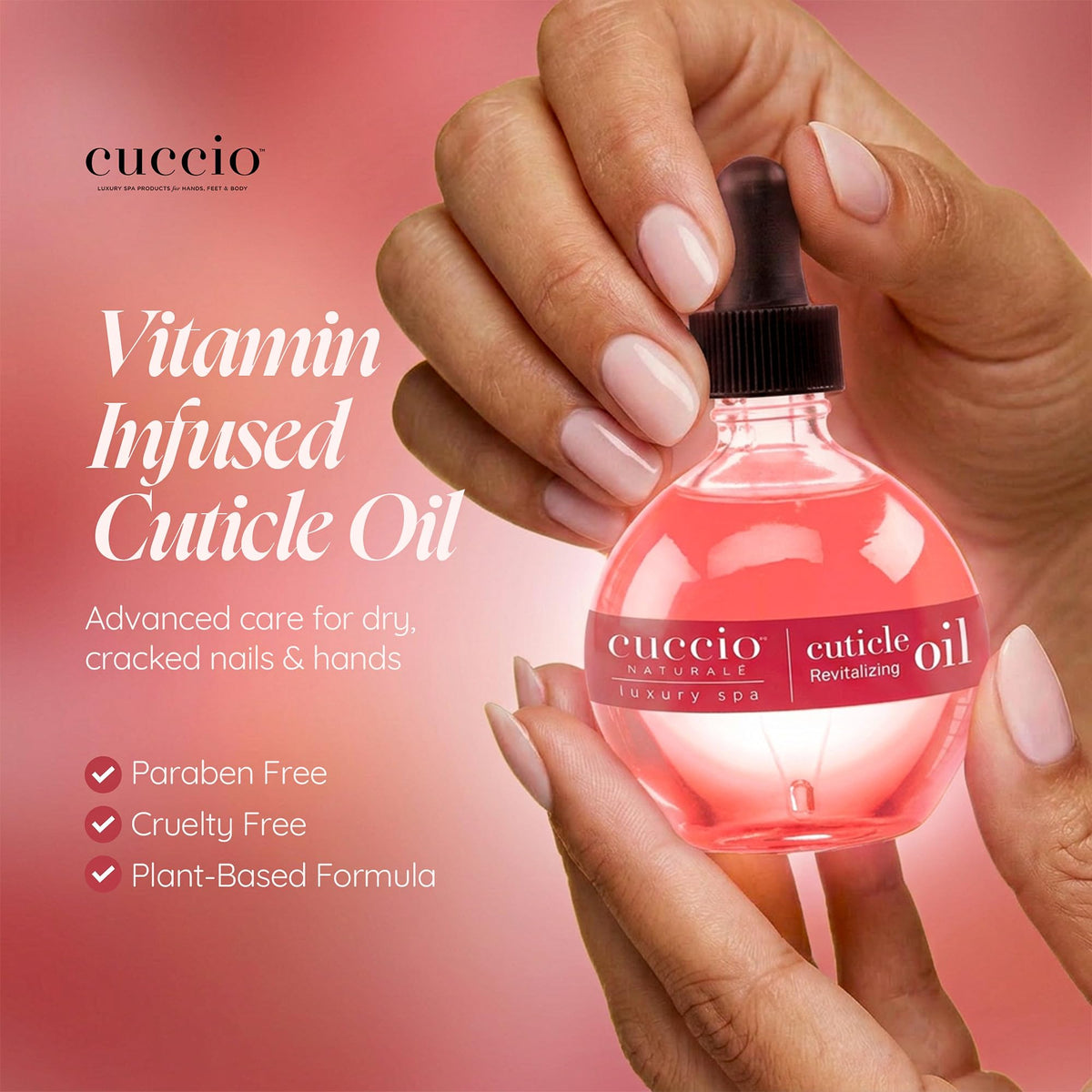 Cuccio bottle in hand for size reference and easy application benefit