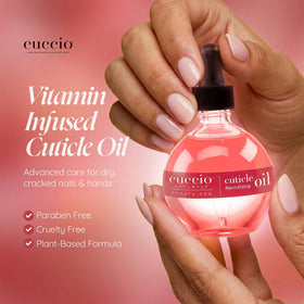Cuccio bottle in hand for size reference and easy application benefit