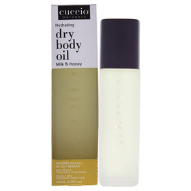 Cuccio milk and honey front packaging showing bottle and label, highlights quick hydration