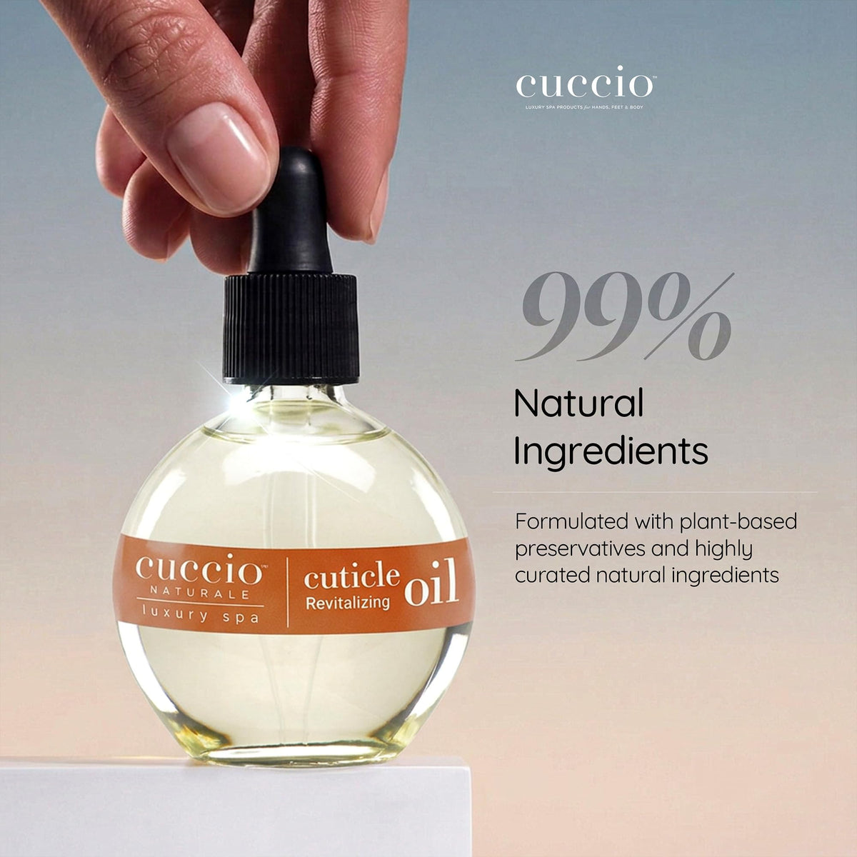 Cuccio oil droplet on skin close-up highlighting lightweight, fast-absorbing texture